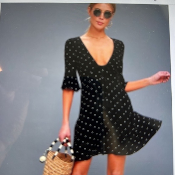 Free People black/white polka dot flared Mini dress Womens 4 deep V cocktail - Picture 4 of 11